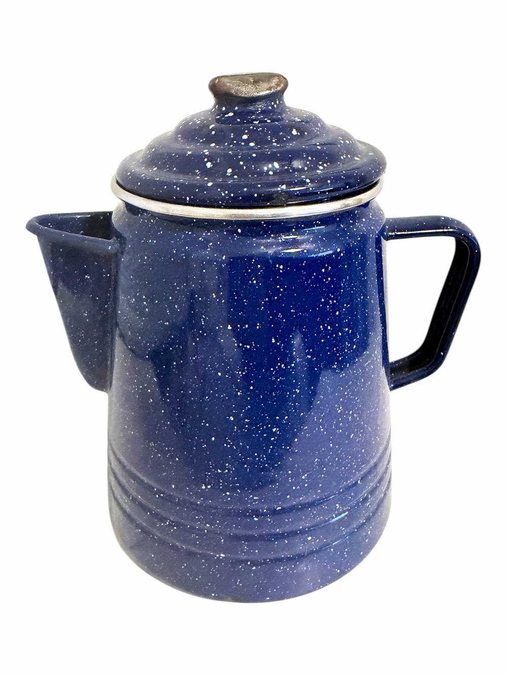 Blue Speckled Enamel Steel Camping Pot w/ Lid & Pour Spout, Round